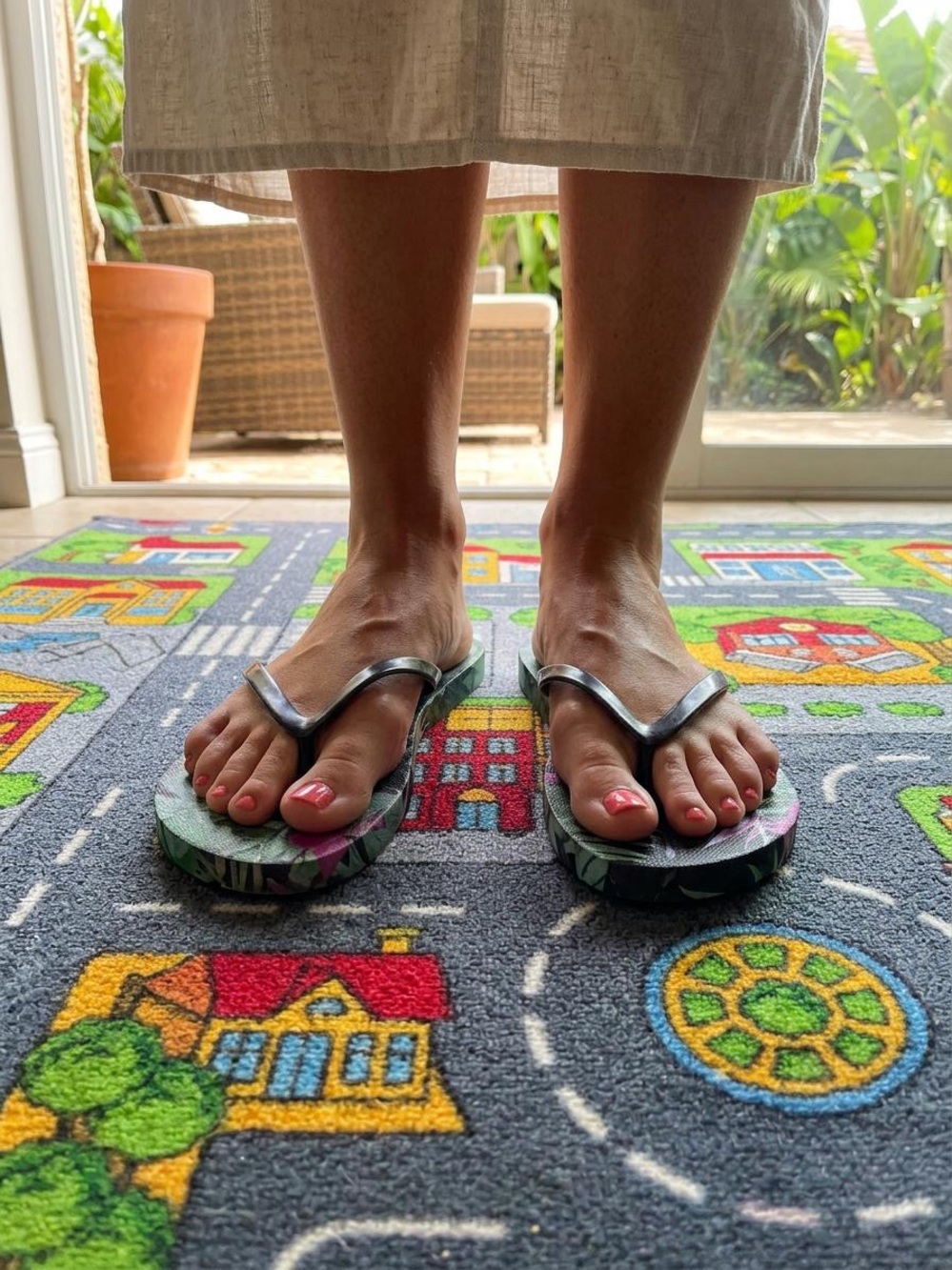 Aqua Blue Floral Footbed Sandals with Black Metallic Thong Straps